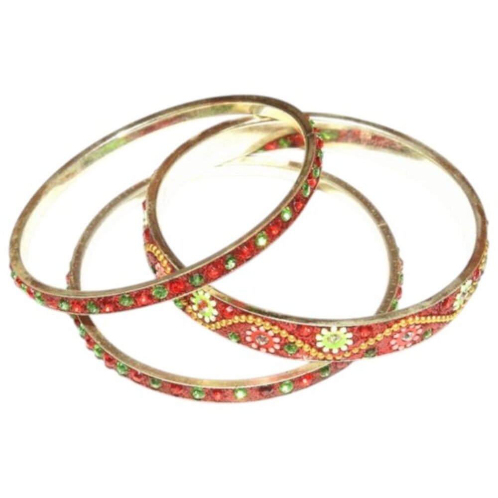 NIB Red & Silver 20mm Flowered Aluminum 3 Bangle Bracelet Set 2.75" Inside BR493